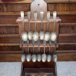 Antique Thirteen Colonies Silver Spoon Set with Wooden Holder